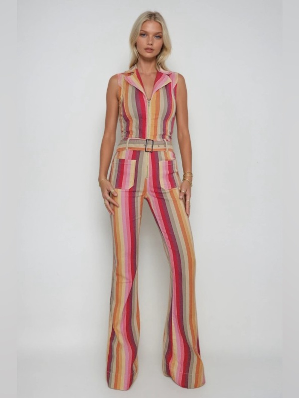 🌈 Retro 70s Vibes Striped Flare Jumpsuit – Sunset Multi-Color Boho Chic! - Picture 6 of 9